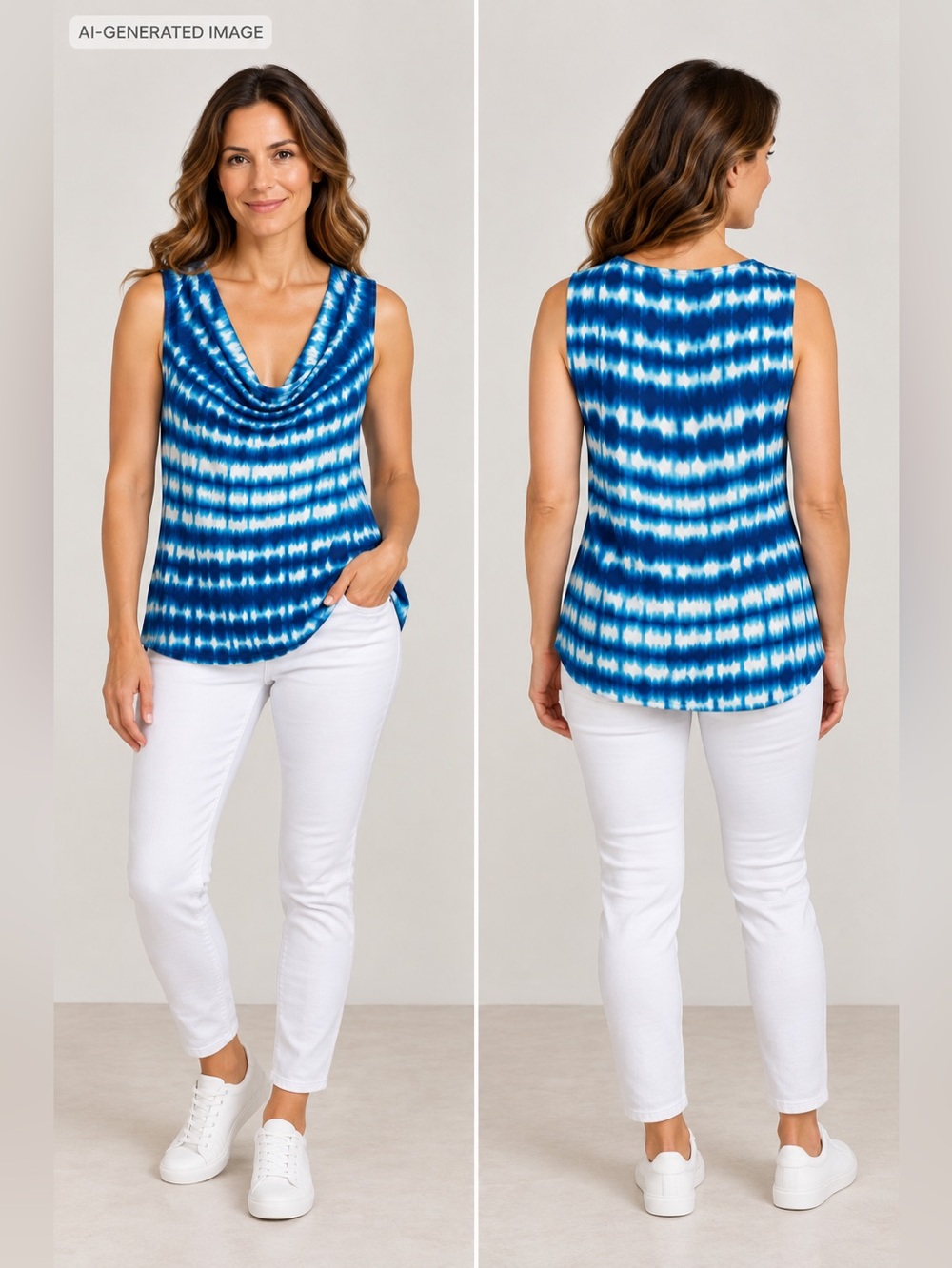 Calvin Klein Blue and White Tie-Dye Cowl Neck Sleeveless Top
